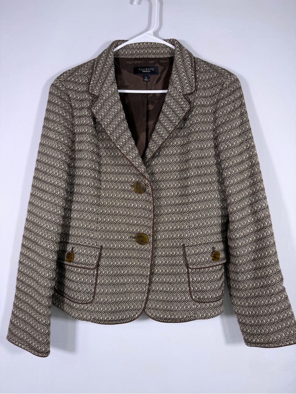 Talbots Wool Cotton Herringbone Tweed Blazer Brown Academia Jacket Size 12